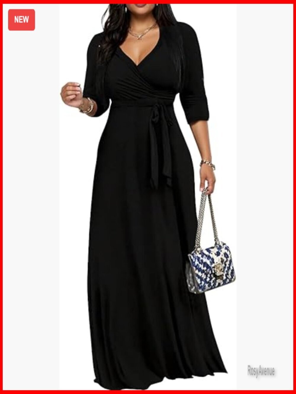 Plus Size Maxi Dress 3/4 Sleeve Wrap V Neck Casual Long Sundress with Belt